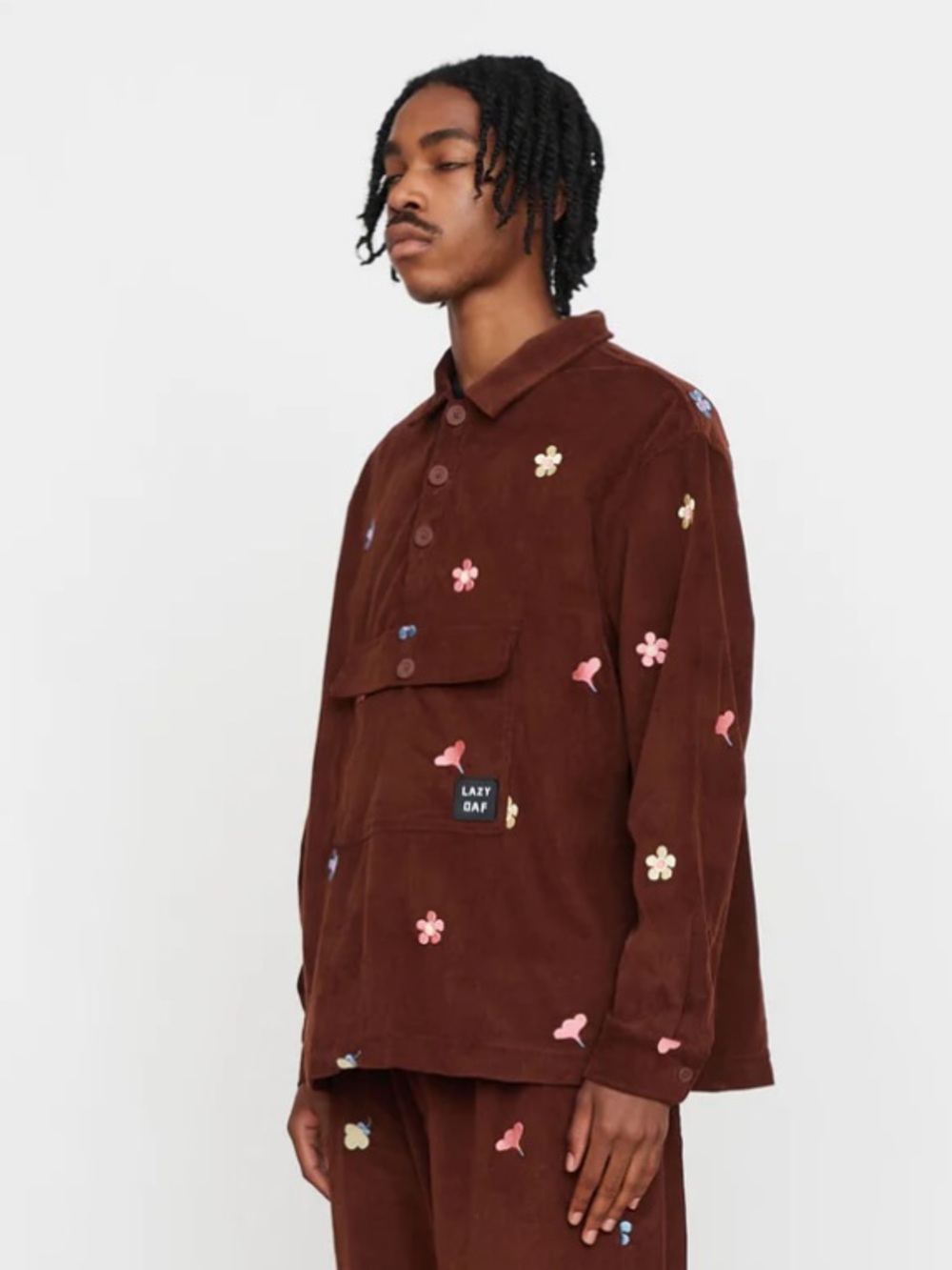 Small Lazy Oaf Chocolate Brown Corduroy Floral Embroidered Vegan Top